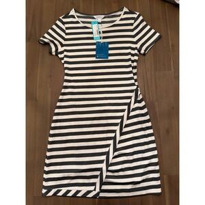 Market & Spruce Striped Faux Wrap Short Sleeve Dress Grey White Large NWT